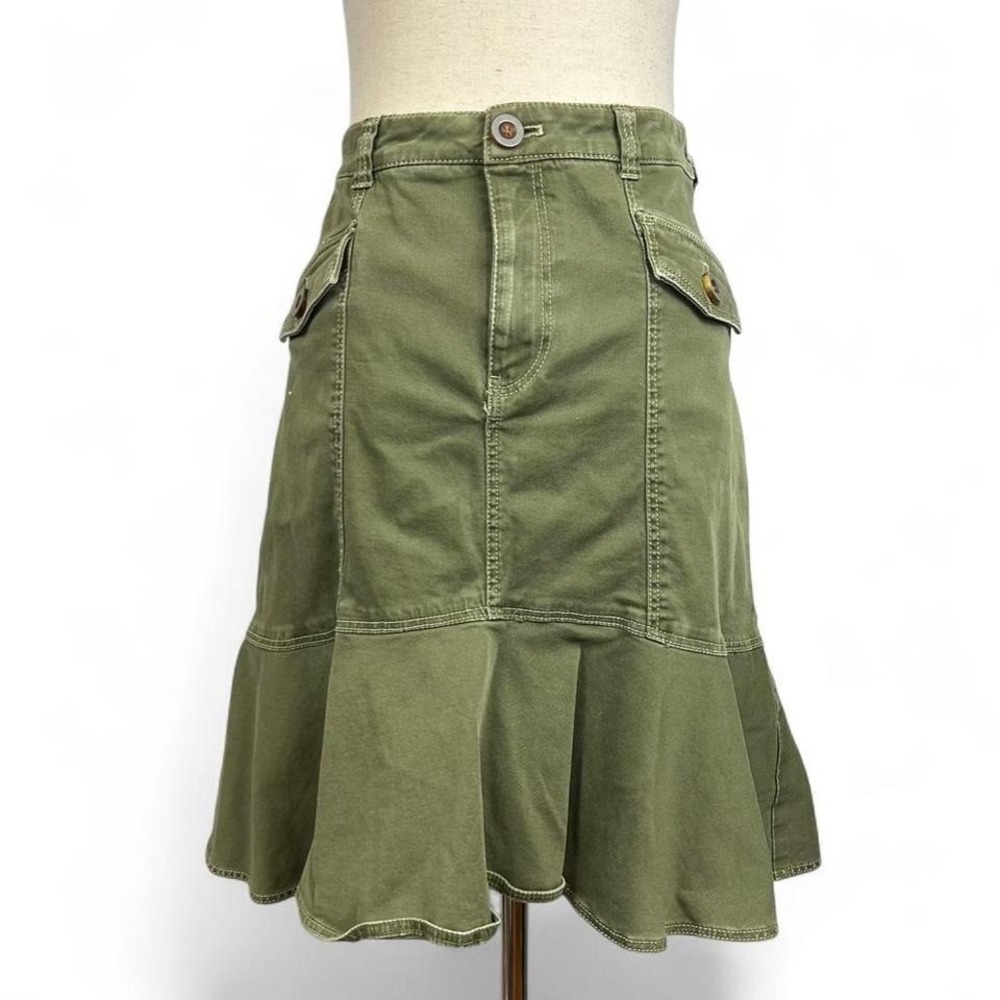Maeve Anthropologie Utility Flounce MIDI Skirt Womens 4 Olive Green
